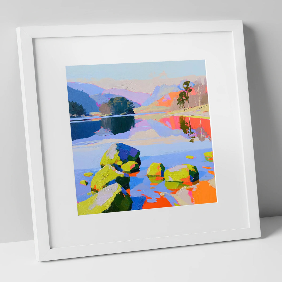 Colourful Rydal Water Boulders lake district lake art print in white frame