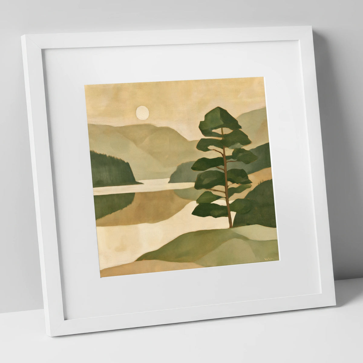 Still Lake and Pine at Dawn lake district lake art print in white frame