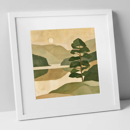 Still Lake and Pine at Dawn lake district lake art print in white frame