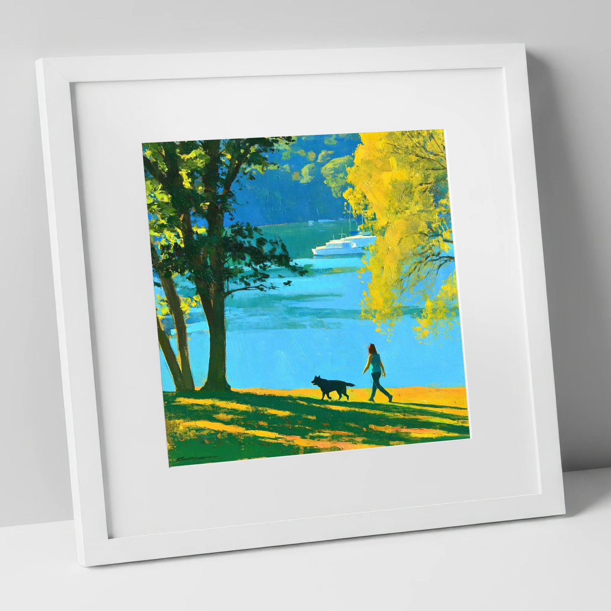 Vibrant Dog Walk at Windermere gifts for dog walkers art print in white frame