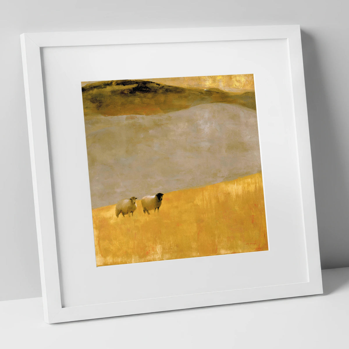 Herdwick Sheep in Autumn Light lake district wildlife art print in white frame