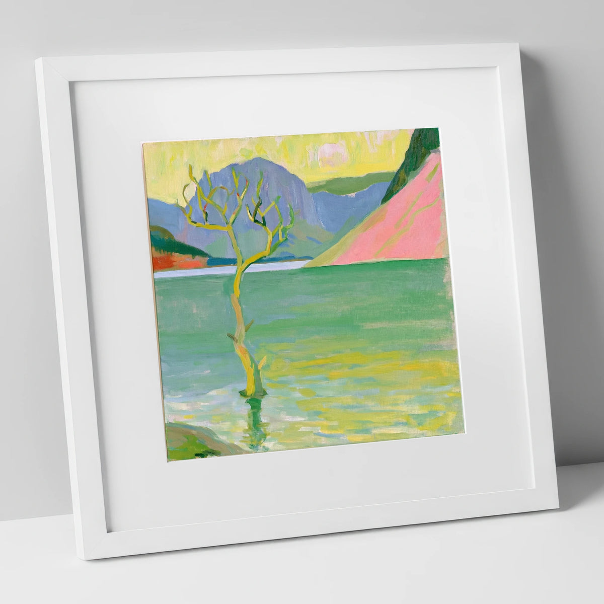 Vibrant Buttermere Lone Tree lake district lake art print in white frame