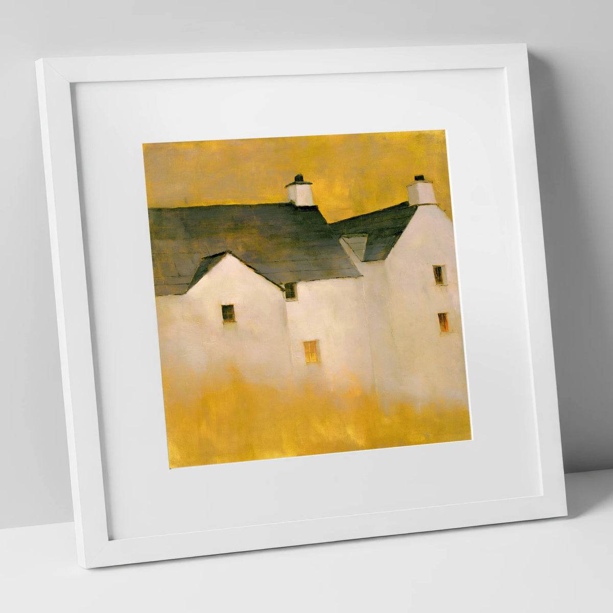 Slate Cottages In Golden Light lake district village art print in white frame