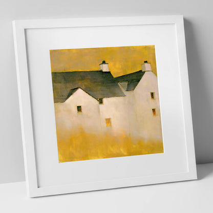 Slate Cottages In Golden Light lake district village art print in white frame