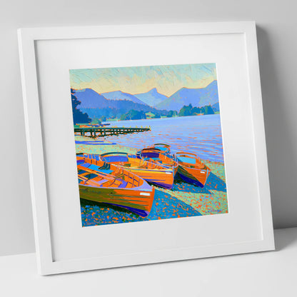 Vibrant Rowing Boats on Windermere lake district lake art print in white frame