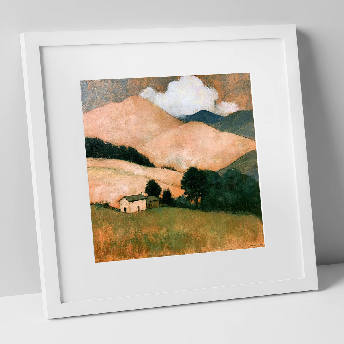 Warm Fells and White Farmhouse lake district fell art print in white frame