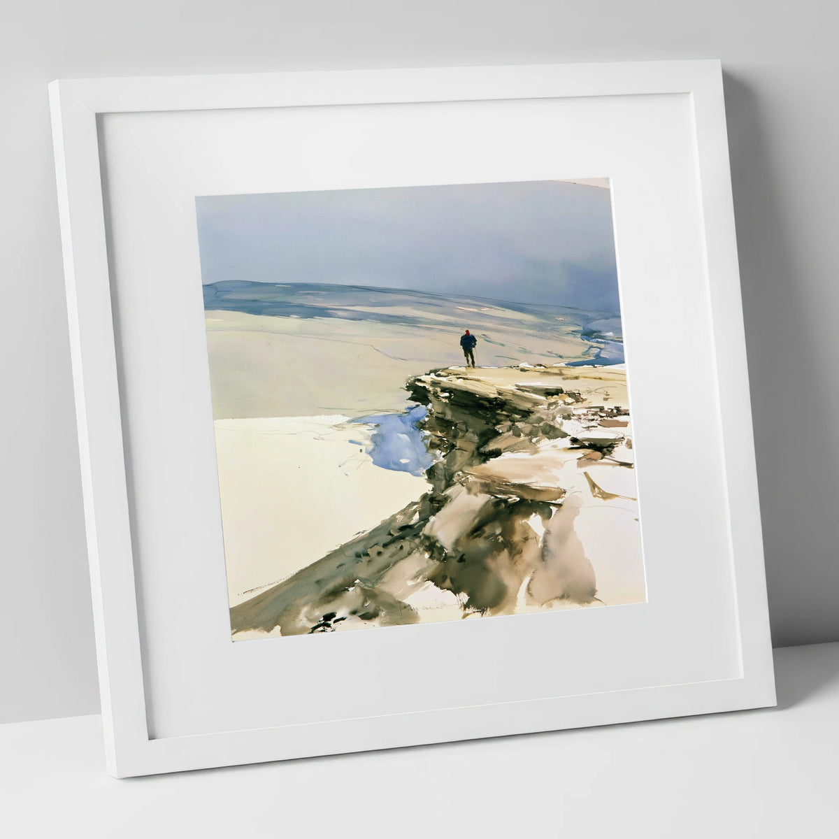 Lone Hiker on Fell Edge lake district walking art print in white frame