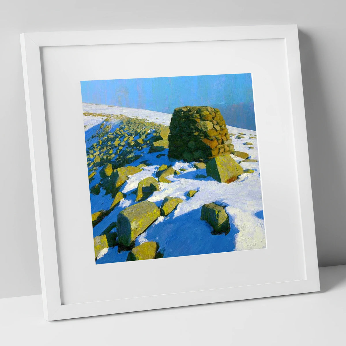 Stony Cove Pike Winter Cairn lake district fell art print in white frame