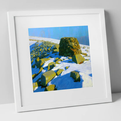 Stony Cove Pike Winter Cairn lake district fell art print in white frame