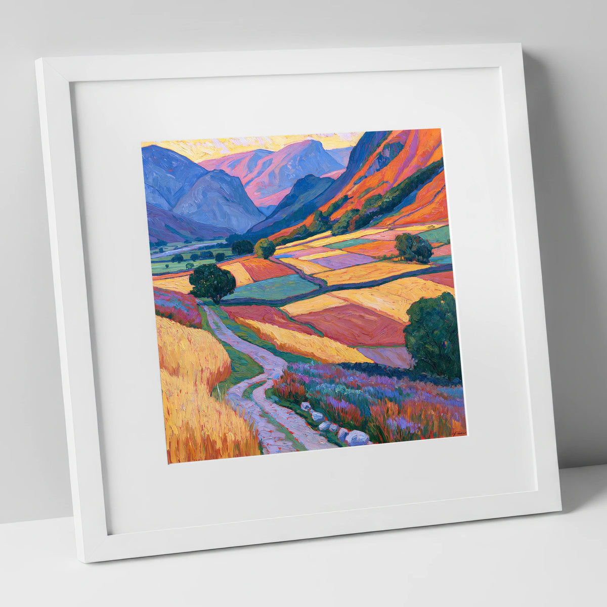 Vivid Patchwork Fields in the Dale lake district valley art print in white frame