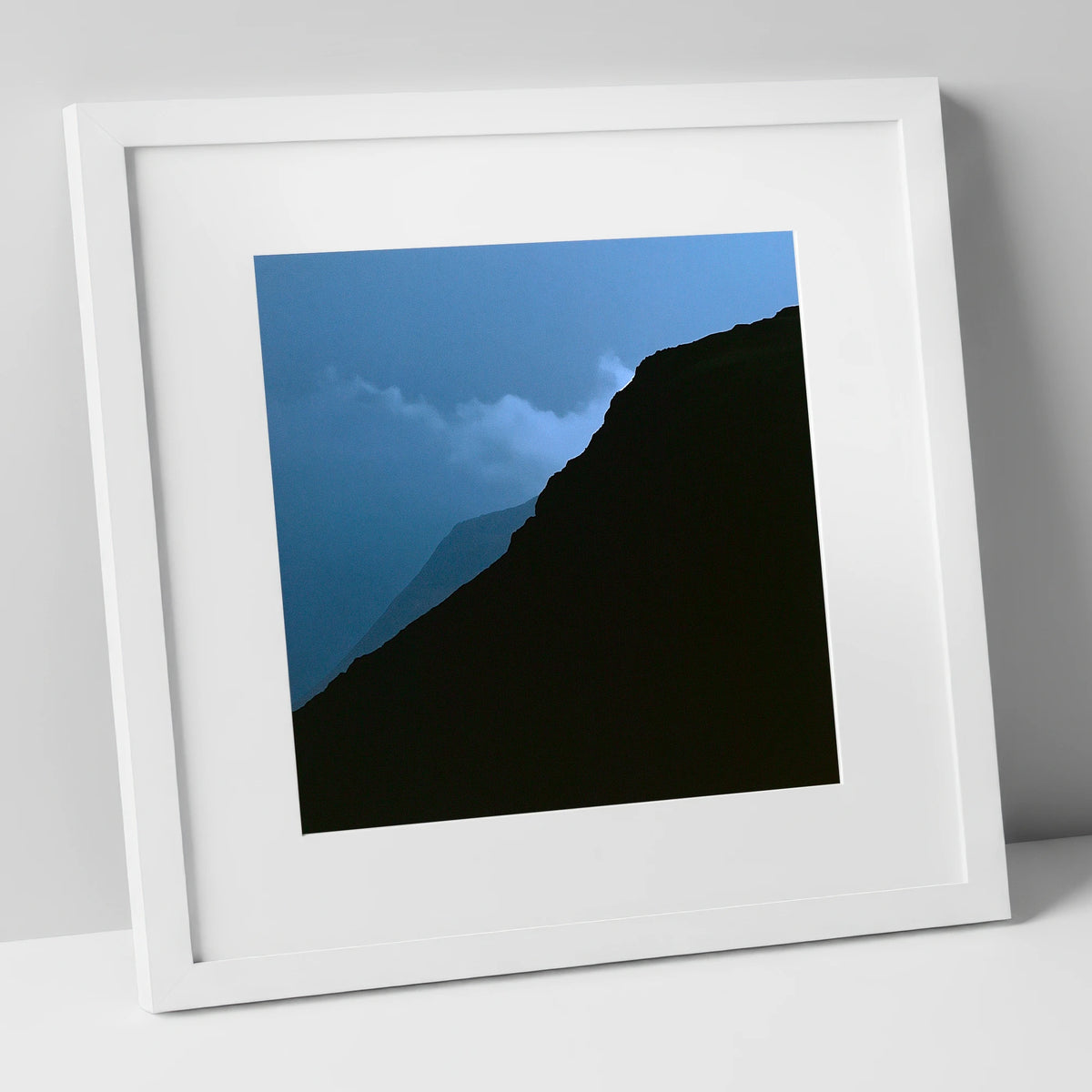 Misty Mountain Ridge Silhouette lake district fell art print in white frame