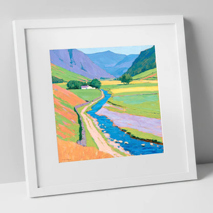 Winding Beck Through Vibrant Fells lake district valley art print in white frame