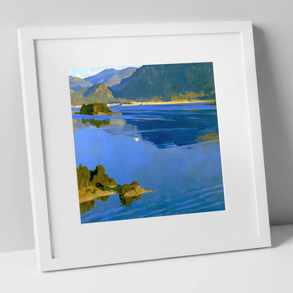 Deep Blue Derwentwater and Catbells lake district lake art print in white frame