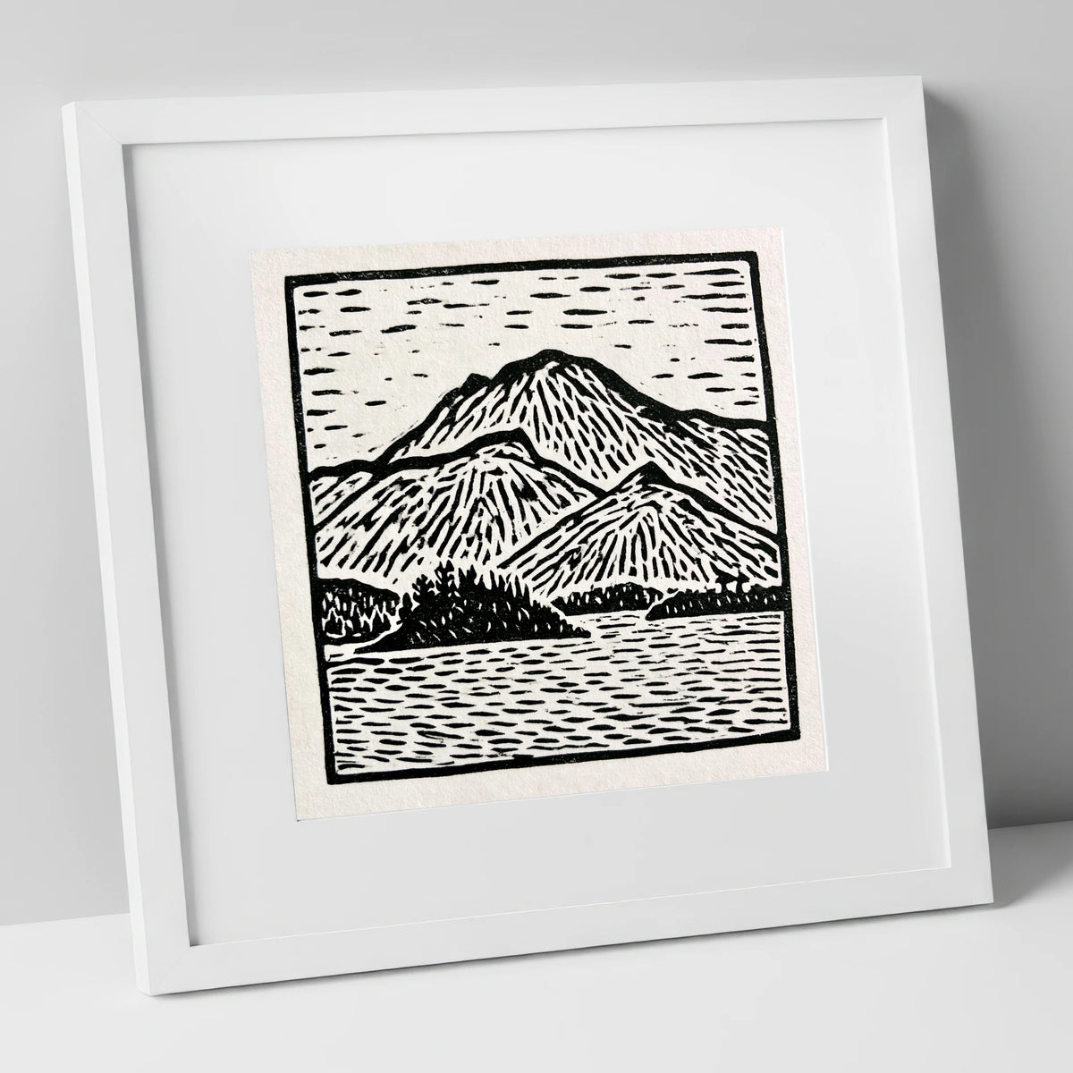 Graphic Monochrome Catbells Ridge lake district fell art print in white frame