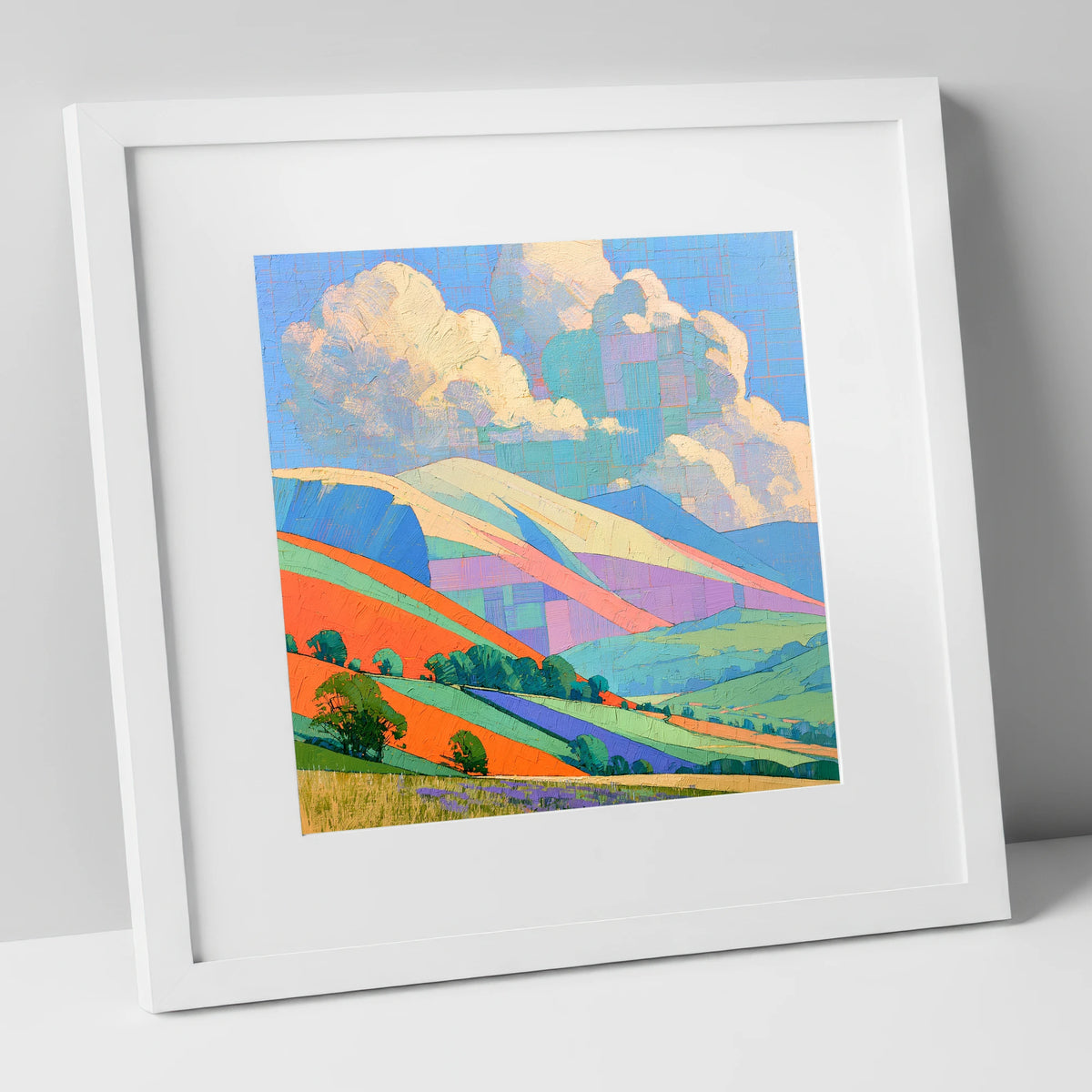 Vibrant Rolling Fells Under Cloud lake district fell art print in white frame