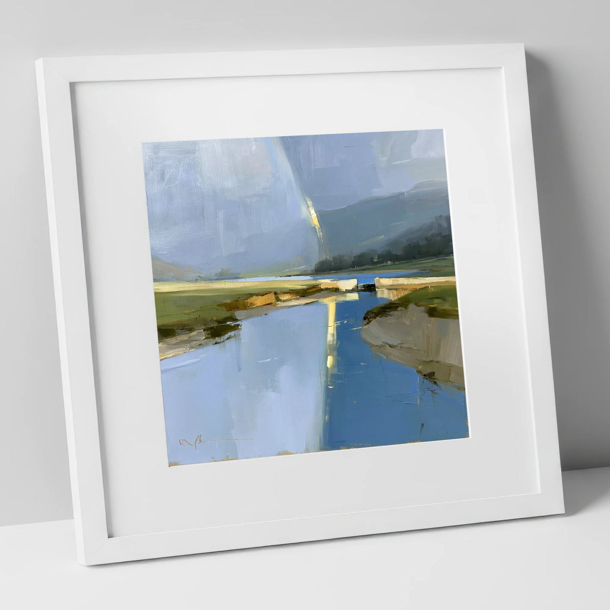 Golden Rainbow Over the River lake district sky art print in white frame