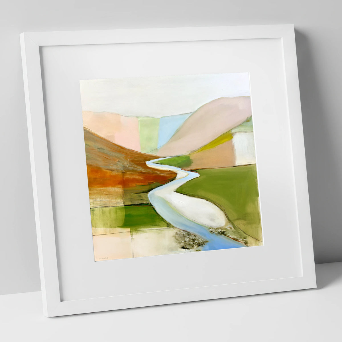 Winding River Through Pastel Fells lake district waterfall art print in white frame