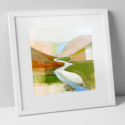 Winding River Through Pastel Fells lake district waterfall art print in white frame