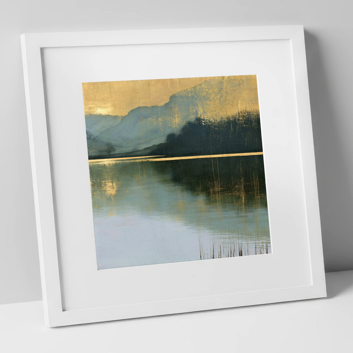 Still Lake Under Gilded Sky lake district lake art print in white frame