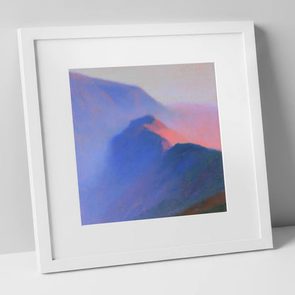 Pink Twilight on Misty Ridge lake district fell art print in white frame