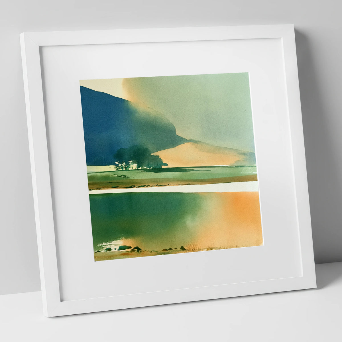 Ink Blue Fells and Lake lake district lake art print in white frame