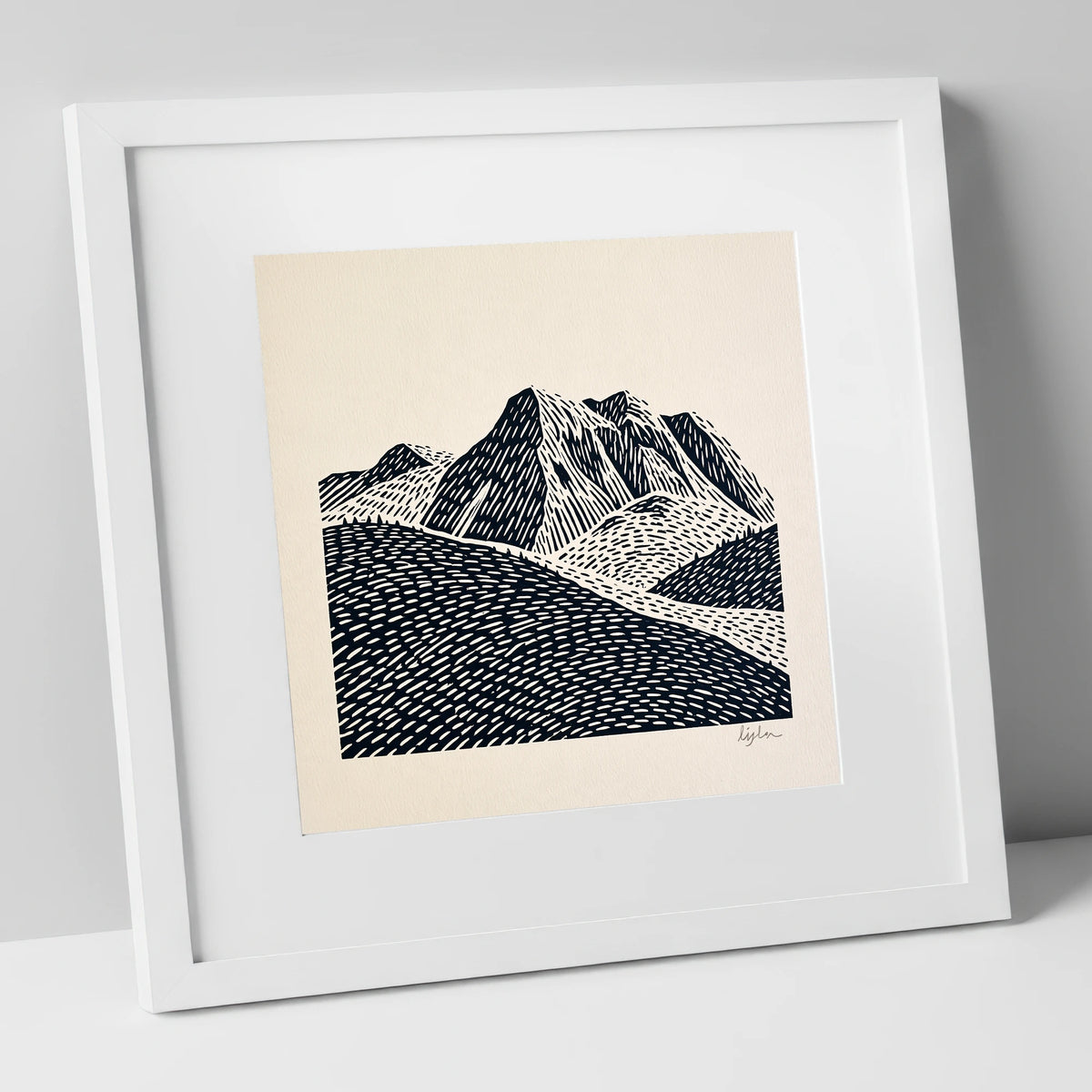 Bold Monochrome Bowfell Peaks lake district fell art print in white frame