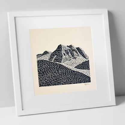 Bold Monochrome Bowfell Peaks lake district fell art print in white frame