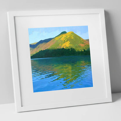 Sunlit Cat Bells Over Water lake district fell art print in white frame