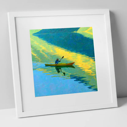 Kayaker on Vibrant Golden Water Reflections lake district walking art print in white frame