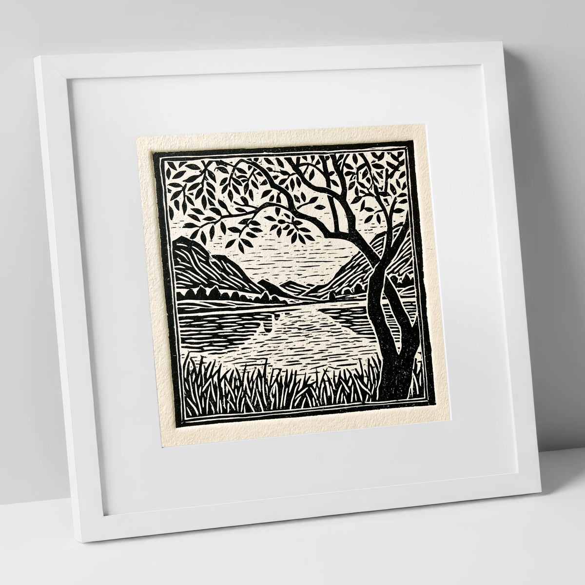 Still Dawn Lake in Monochrome lake district lake art print in white frame