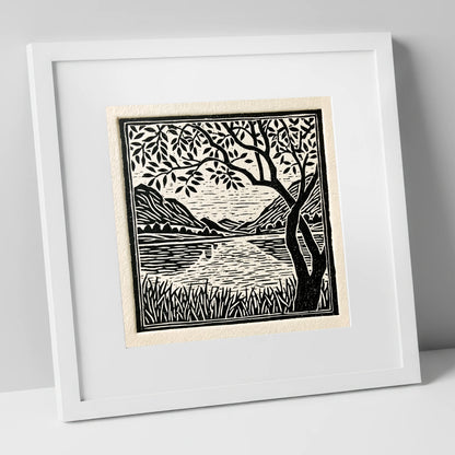 Still Dawn Lake in Monochrome lake district lake art print in white frame