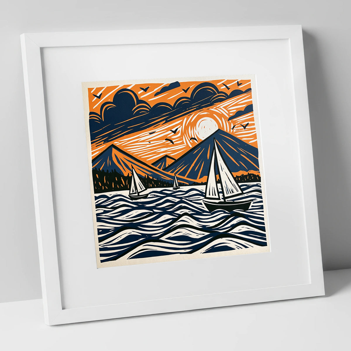 Sunset Sailboats on Derwentwater lake district lake art print in white frame