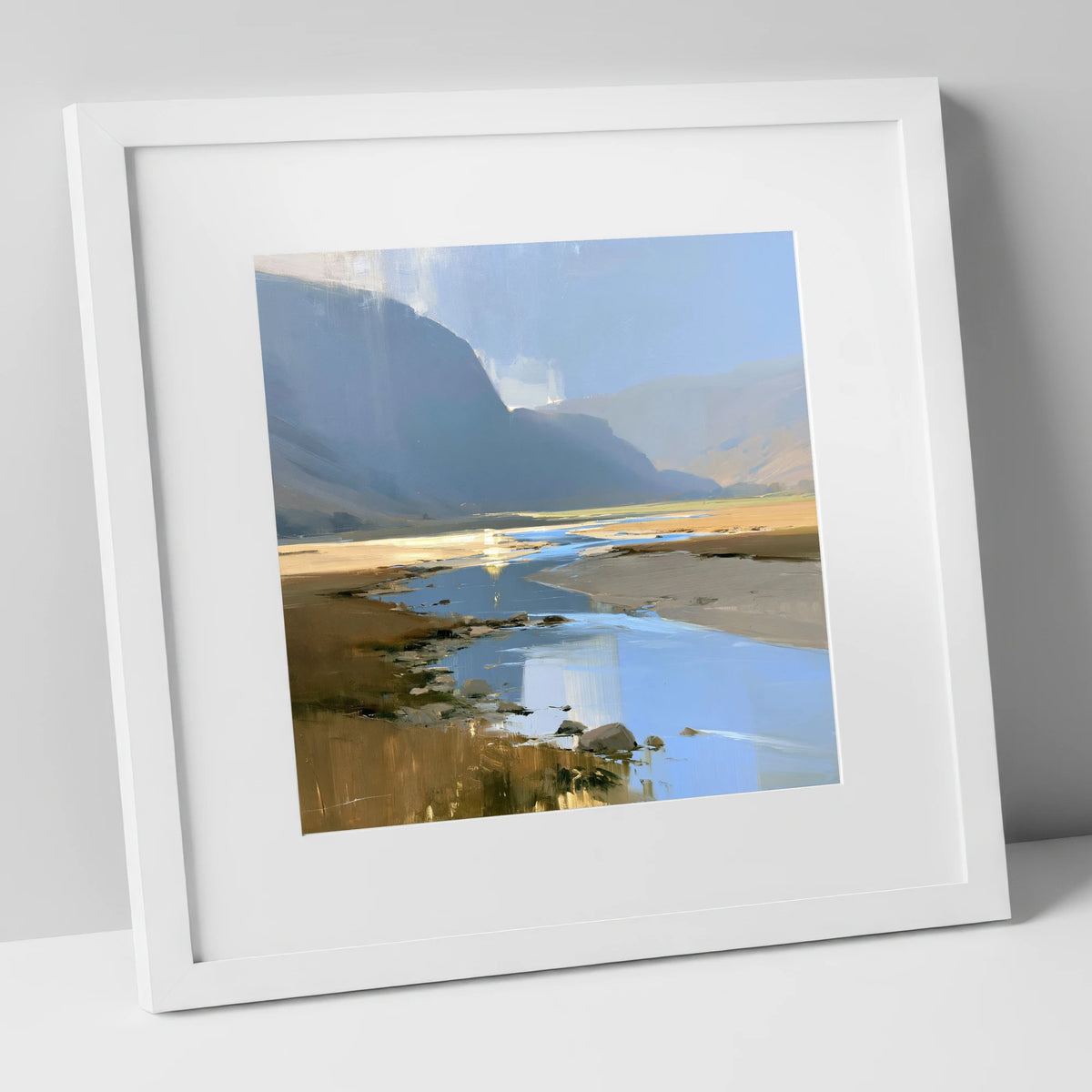 River Through Sunlit Valley lake district waterfall art print in white frame