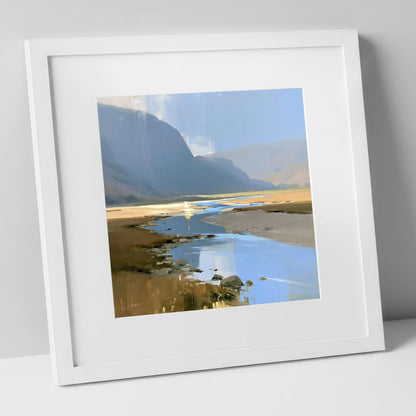 River Through Sunlit Valley lake district waterfall art print in white frame