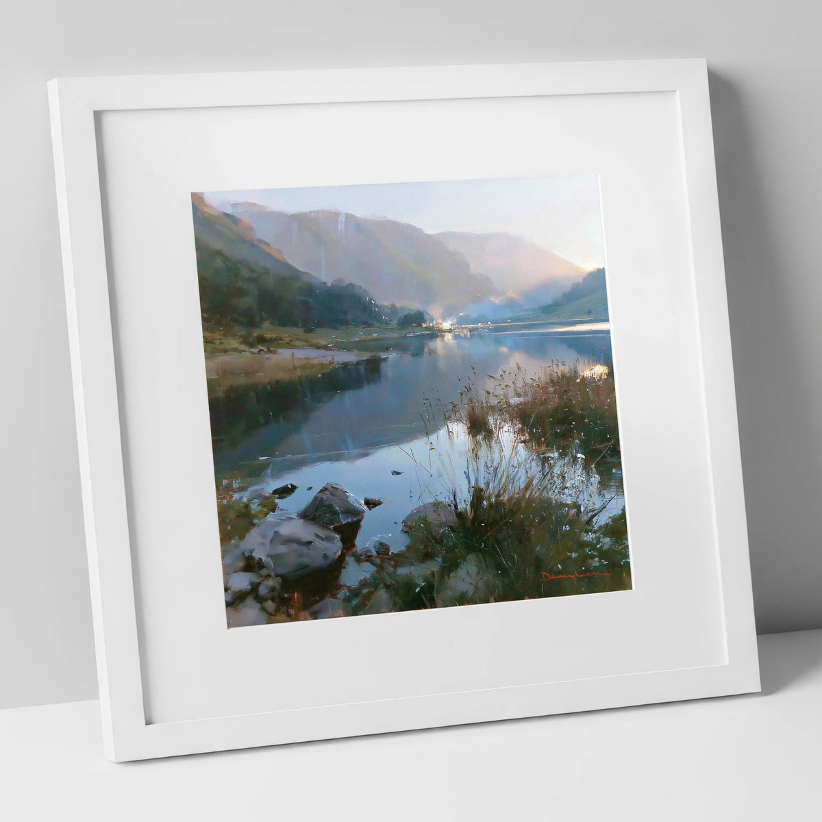 Still Lake Beneath Misty Fells lake district lake art print in white frame
