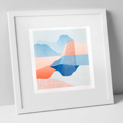 Abstract Grasmere in Coral and Cerulean lake district lake art print in white frame