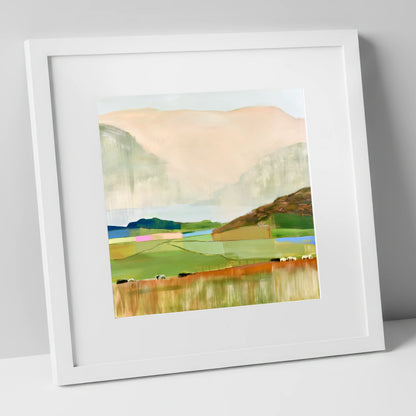 Abstract Fells And Valley Pastures lake district fell art print in white frame