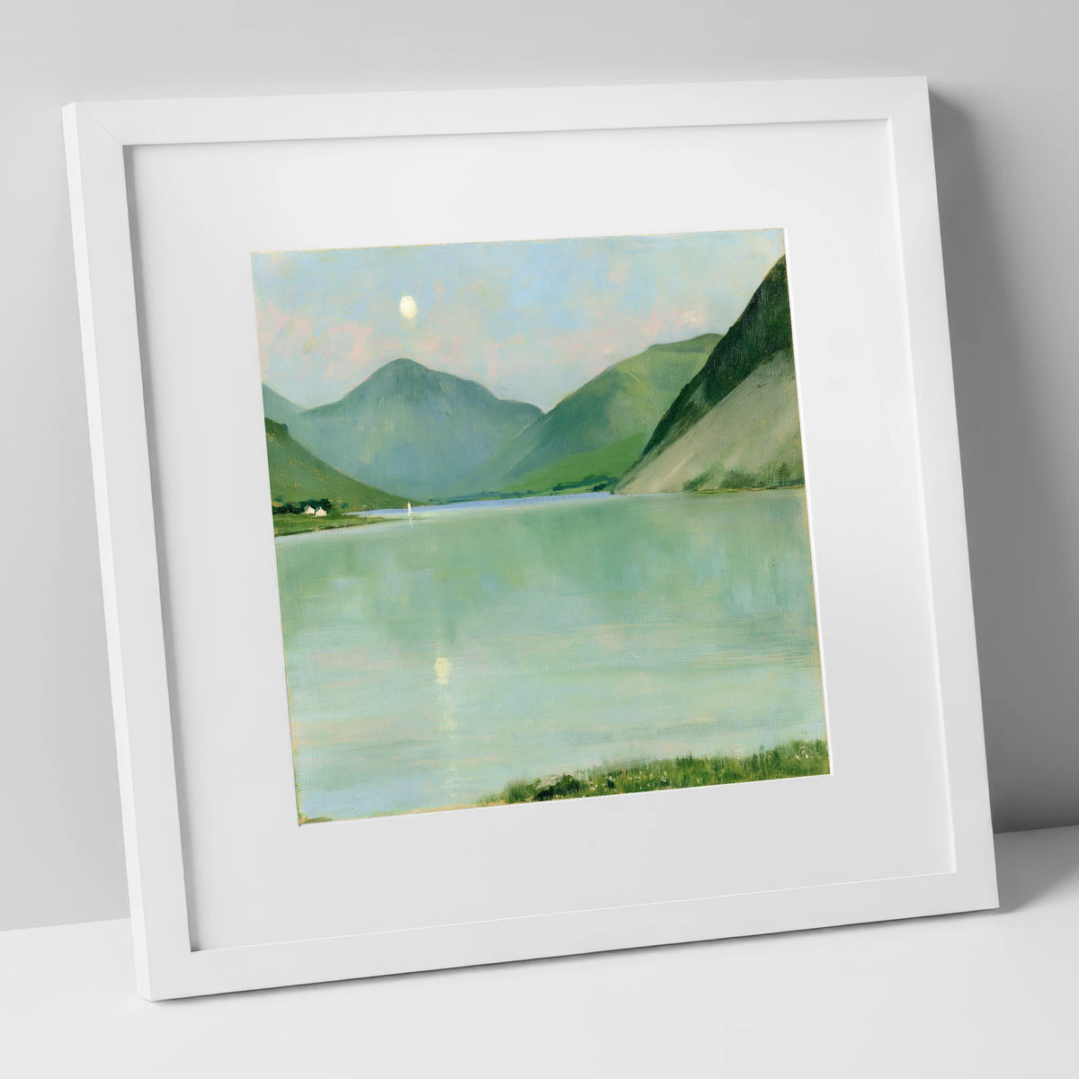 Pastel Moonrise Over Wastwater lake district sky art print in white frame