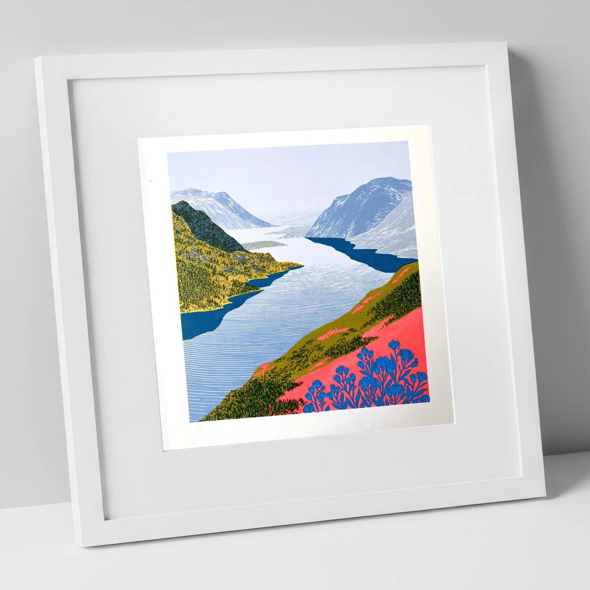 Graphic Lake And Fells In Coral lake district lake art print in white frame