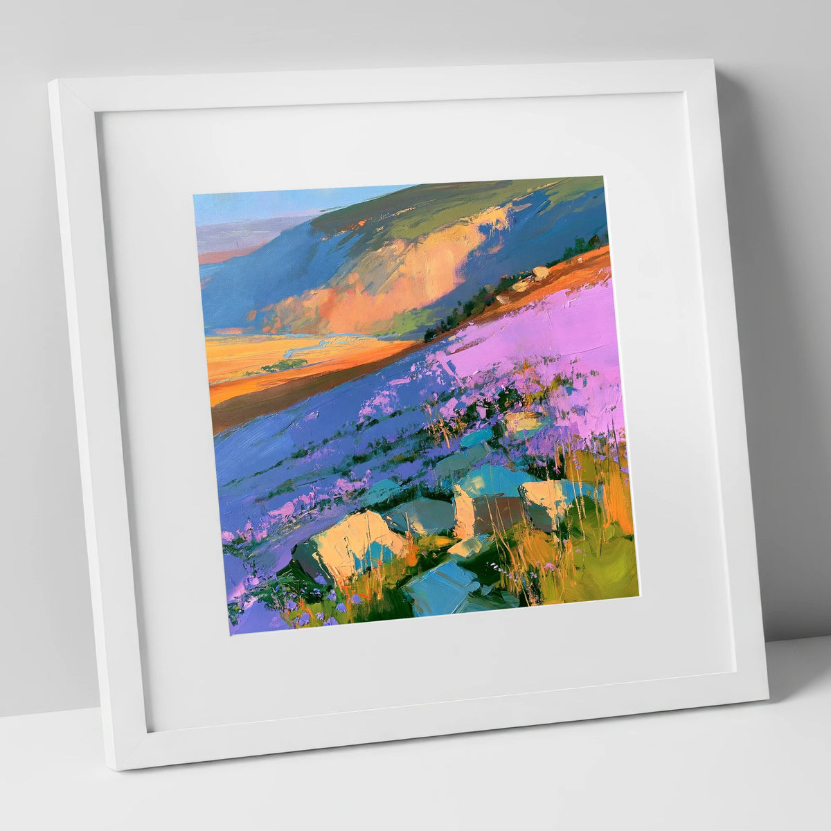 Vibrant Purple Heather Fellside flowers & fellsides art print in white frame