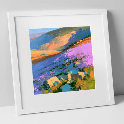 Vibrant Purple Heather Fellside flowers & fellsides art print in white frame