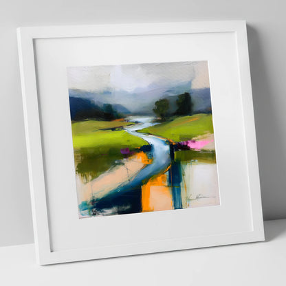Vibrant Winding River and Valley lake district waterfall art print in white frame