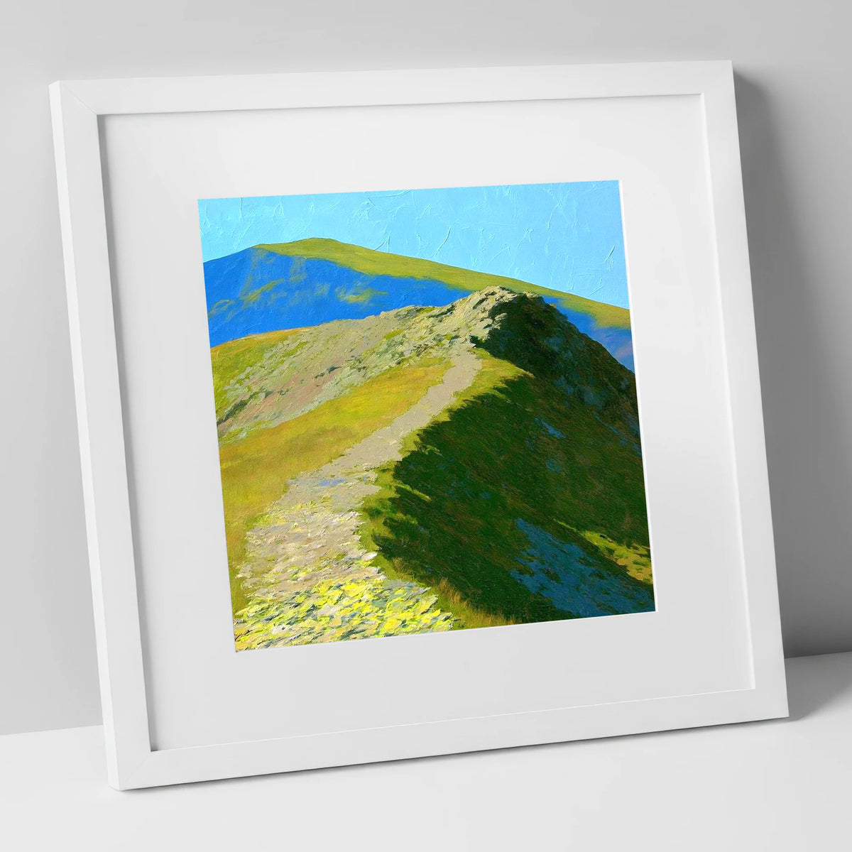 Sunlit Ridge on Place Fell lake district fell art print in white frame