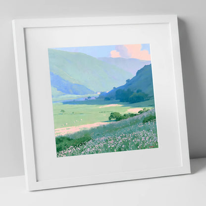 Blue Fells and Wildflower Meadow lake district valley art print in white frame