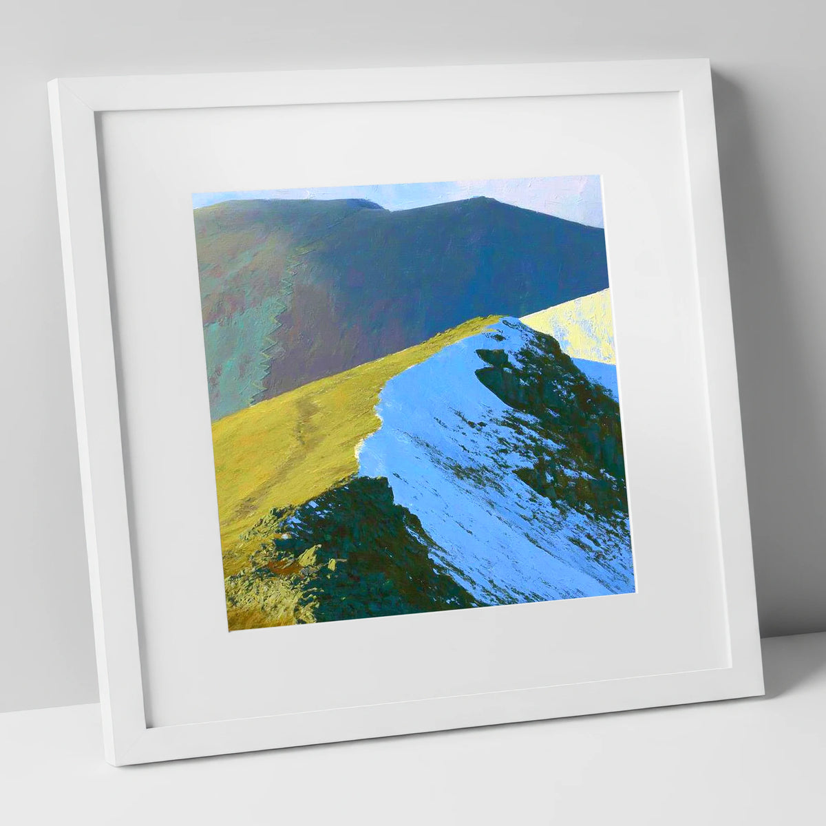 Snowy Ridge at Scar Crags lake district fell art print in white frame