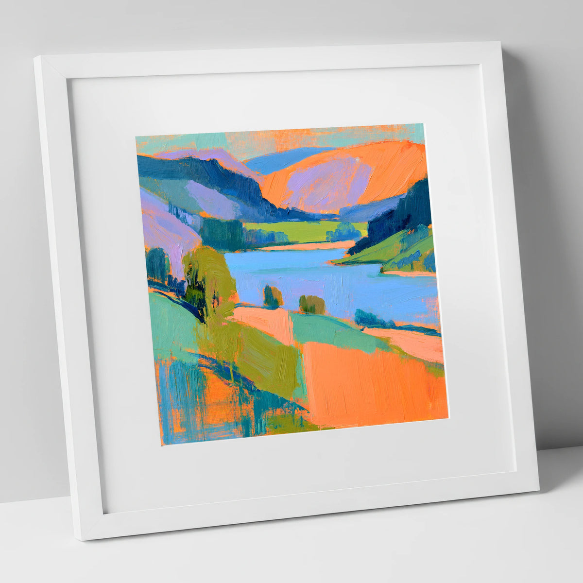 Vivid Orange Fells and Lake lake district lake art print in white frame