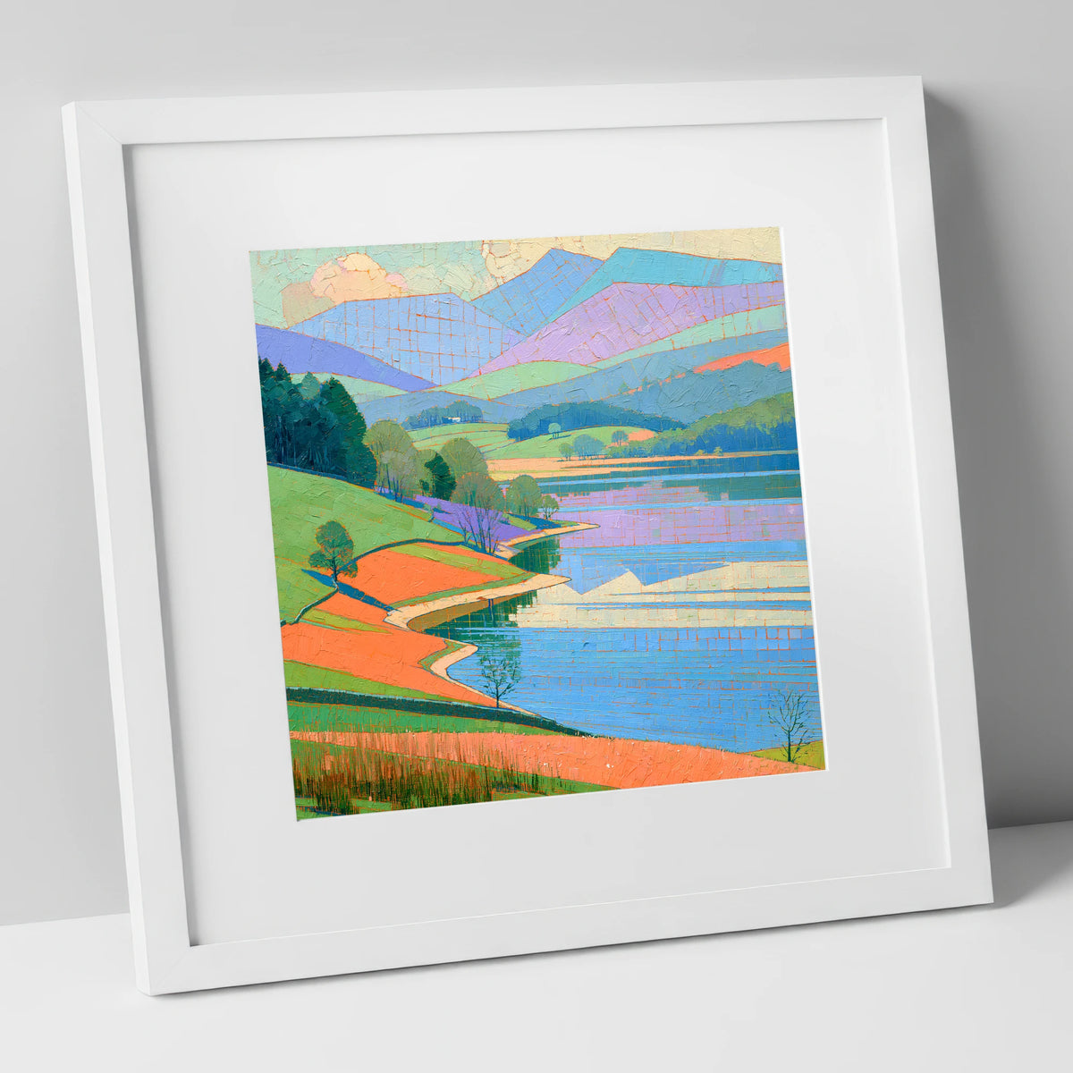 Turquoise Lake And Orange Shores lake district lake art print in white frame