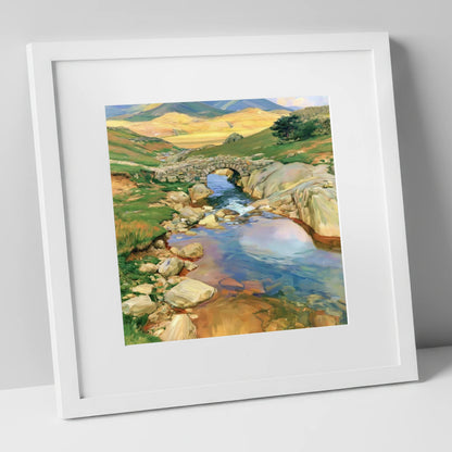 Stone Bridge Beneath Golden Fells lake district waterfall art print in white frame