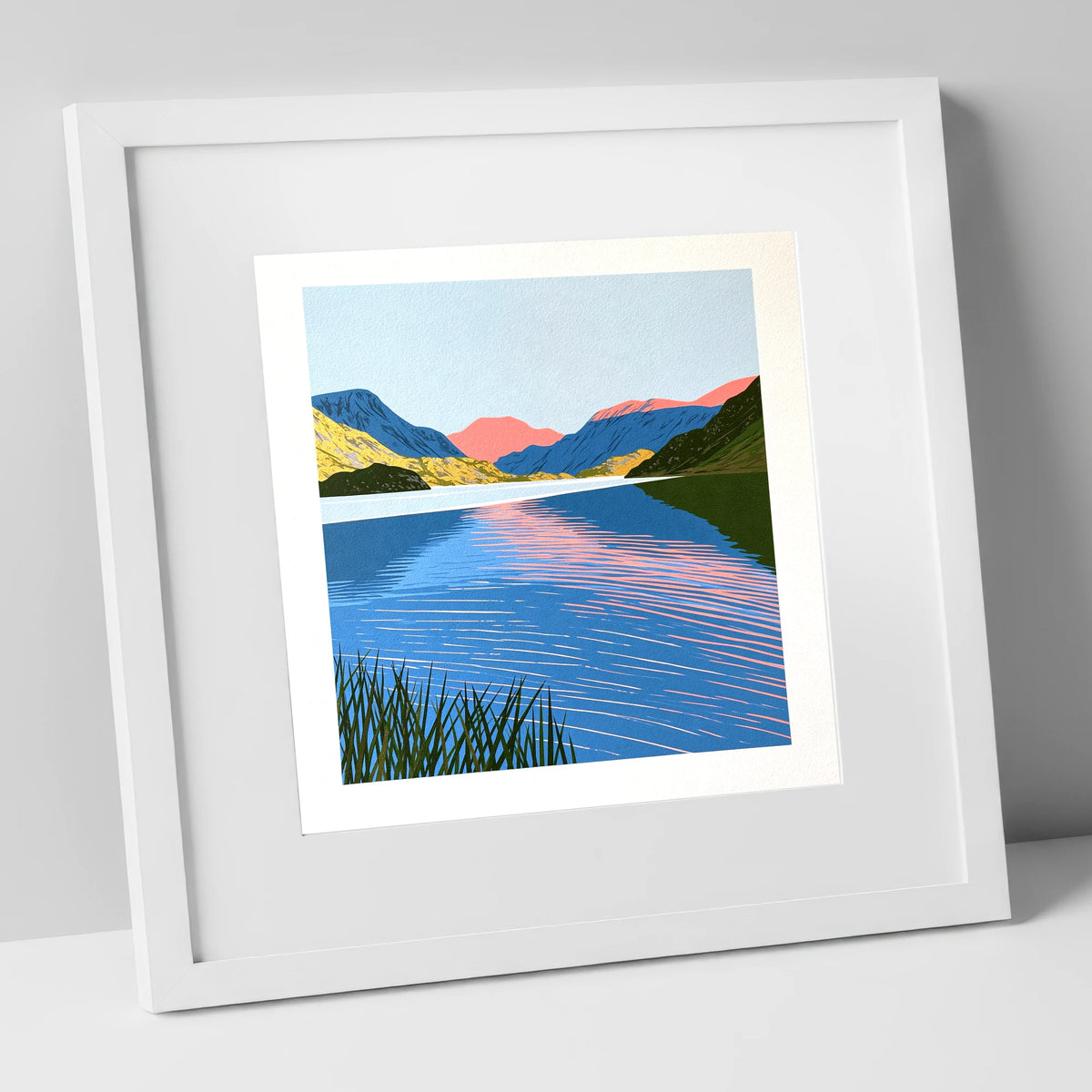 Coral Dawn over Still Lake lake district lake art print in white frame