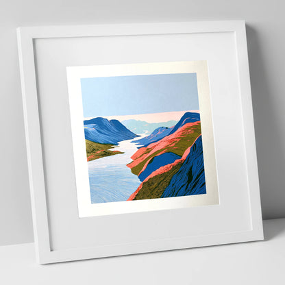 Vibrant Summit View Over the Lake lake district fell art print in white frame
